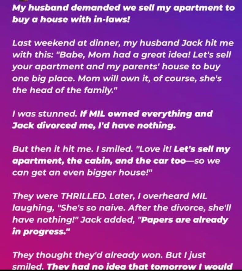 My Husband Demanded We Sell My Apartment to Buy a House with His In-Laws — He Didn’t Expect Me to Hand Over the Keys So Easily