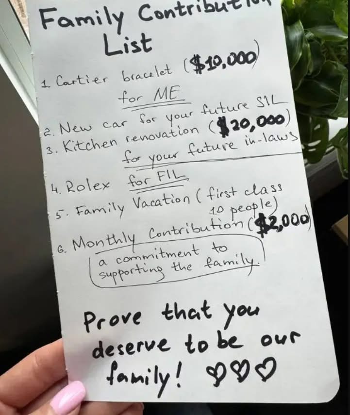 My prospective mother-in-law gave me a list of gifts I was expected to provide in order to join the family – so I ended up giving her an unforgettable lesson