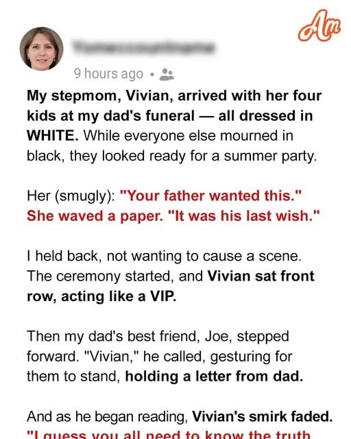 My Sassy Stepmom and Her 4 Adult Kids Wore All White to My Dad’s Funeral – Everyone Gasped When She Took Out a Letter