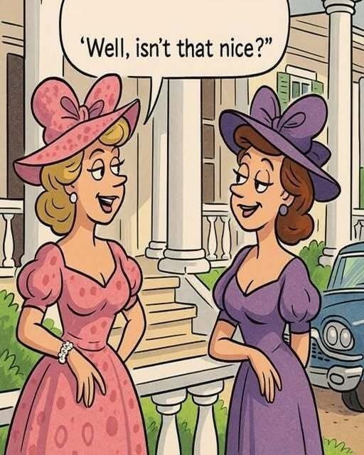 Two Southern Belles were chatting on the porch of a grand white-pillared mansion