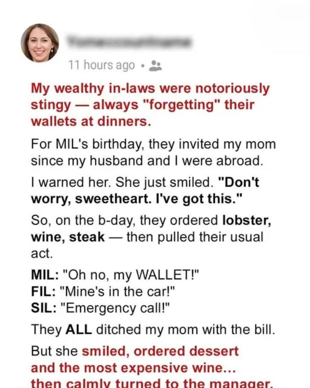My In-Laws Tried To Skip Out On A $1,500 Dinner Bill, But My Moms Brilliant Comeback Left Them Speechless! Story Of The