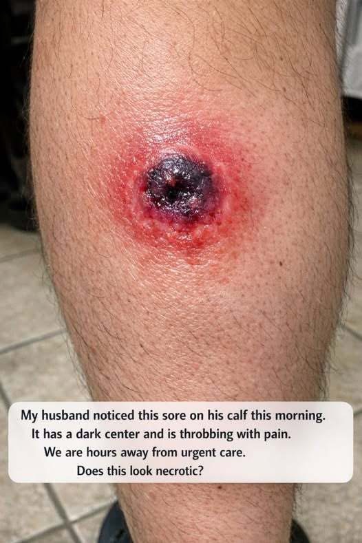 My husband noticed this sore on his calf this morning. It has a dark center and is throbbing with pain. We are hours away from urgent care. Does this look necrotic?
